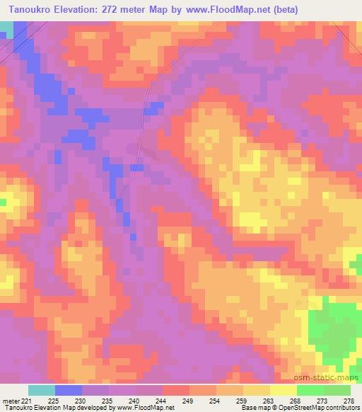 Tanoukro,Ivory Coast Elevation Map