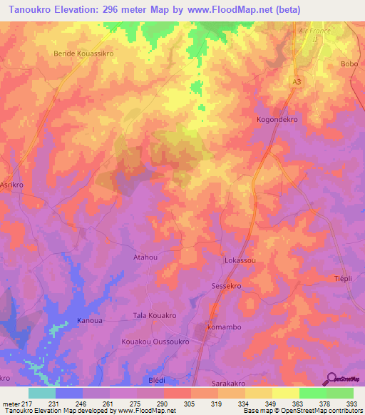 Tanoukro,Ivory Coast Elevation Map