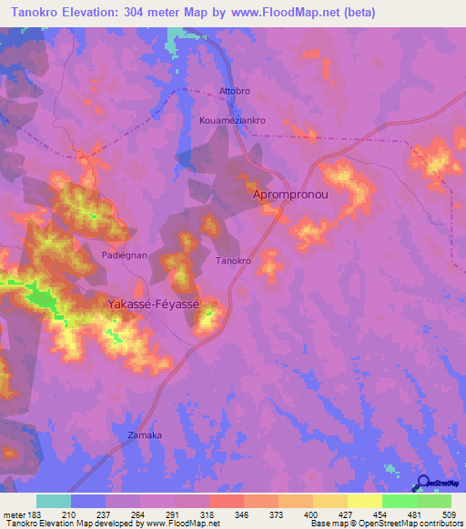 Tanokro,Ivory Coast Elevation Map