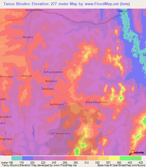 Tanou Bloukro,Ivory Coast Elevation Map