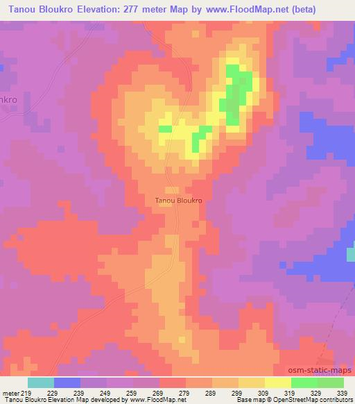 Tanou Bloukro,Ivory Coast Elevation Map