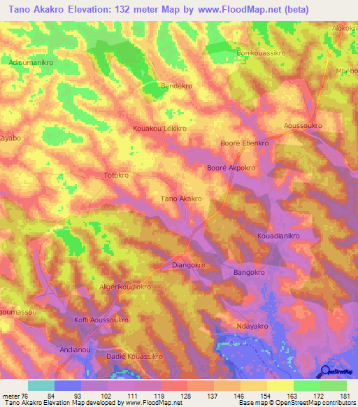 Tano Akakro,Ivory Coast Elevation Map