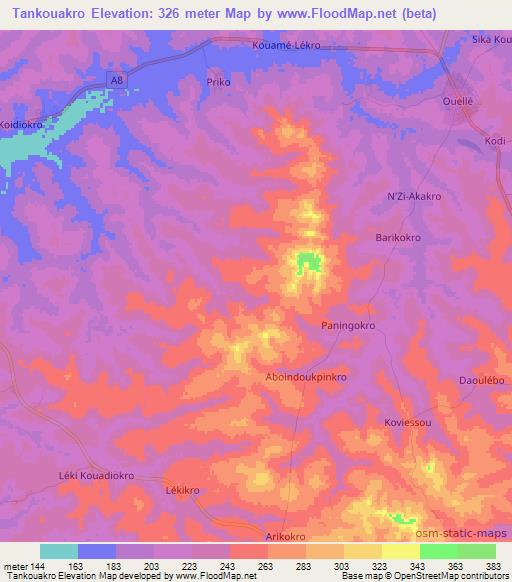 Tankouakro,Ivory Coast Elevation Map