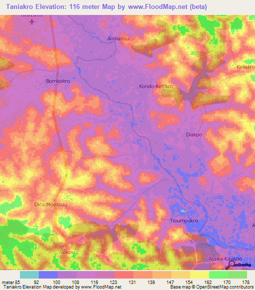 Taniakro,Ivory Coast Elevation Map