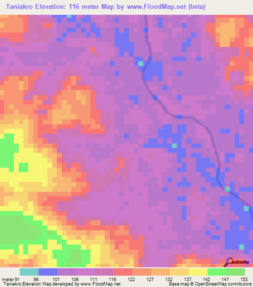 Taniakro,Ivory Coast Elevation Map