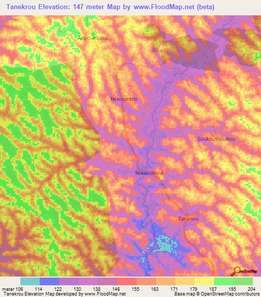 Tanekrou,Ivory Coast Elevation Map