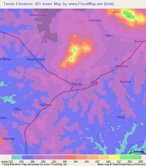 Tanda,Ivory Coast Elevation Map