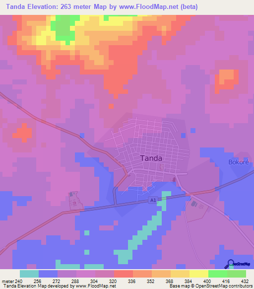 Tanda,Ivory Coast Elevation Map