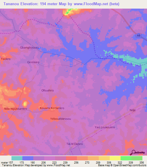 Tananou,Ivory Coast Elevation Map