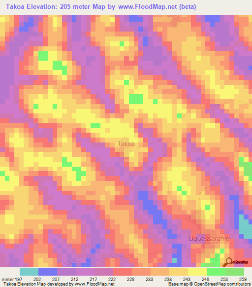 Takoa,Ivory Coast Elevation Map