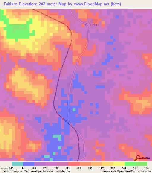 Takikro,Ivory Coast Elevation Map