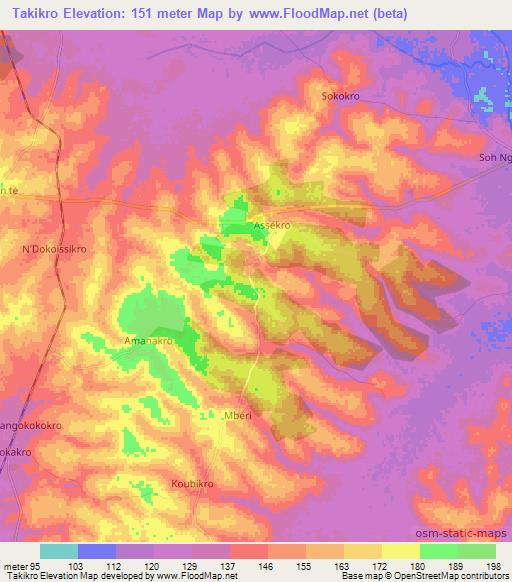 Takikro,Ivory Coast Elevation Map