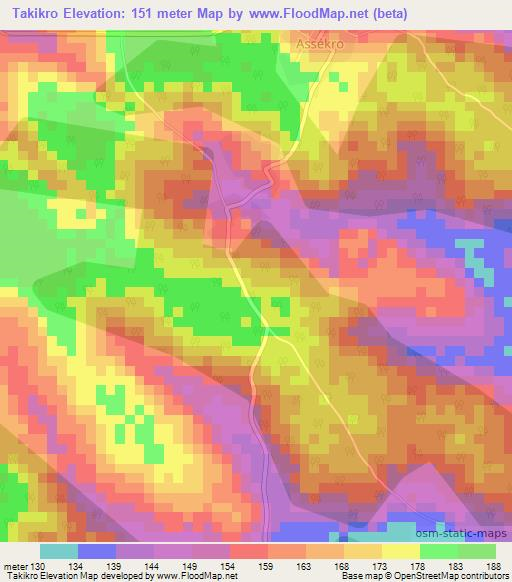 Takikro,Ivory Coast Elevation Map
