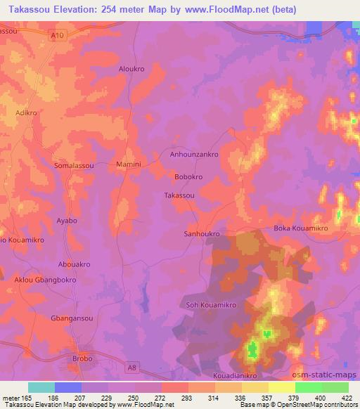Takassou,Ivory Coast Elevation Map
