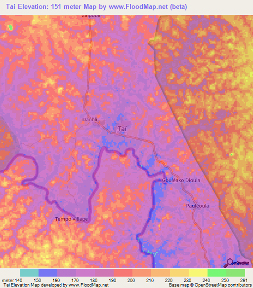 Tai,Ivory Coast Elevation Map
