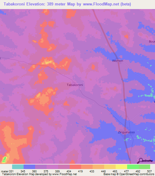 Tabakoroni,Ivory Coast Elevation Map