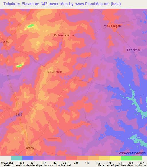 Tabakoro,Ivory Coast Elevation Map
