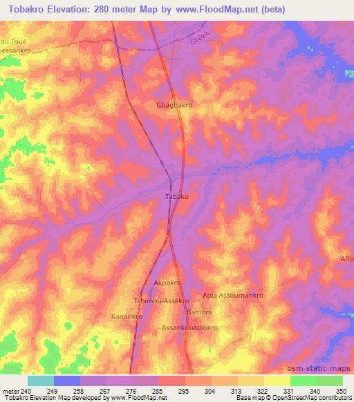 Tobakro,Ivory Coast Elevation Map
