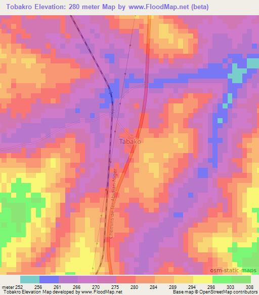 Tobakro,Ivory Coast Elevation Map