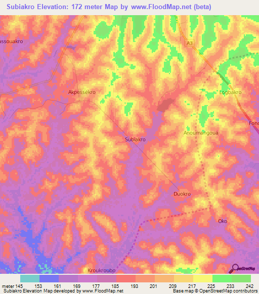 Subiakro,Ivory Coast Elevation Map