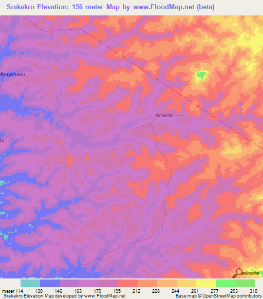Srakakro,Ivory Coast Elevation Map