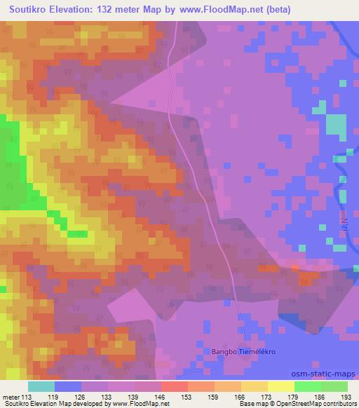 Soutikro,Ivory Coast Elevation Map