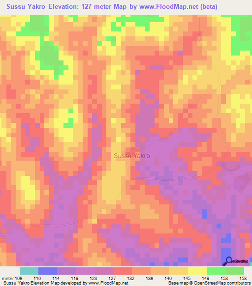 Sussu Yakro,Ivory Coast Elevation Map
