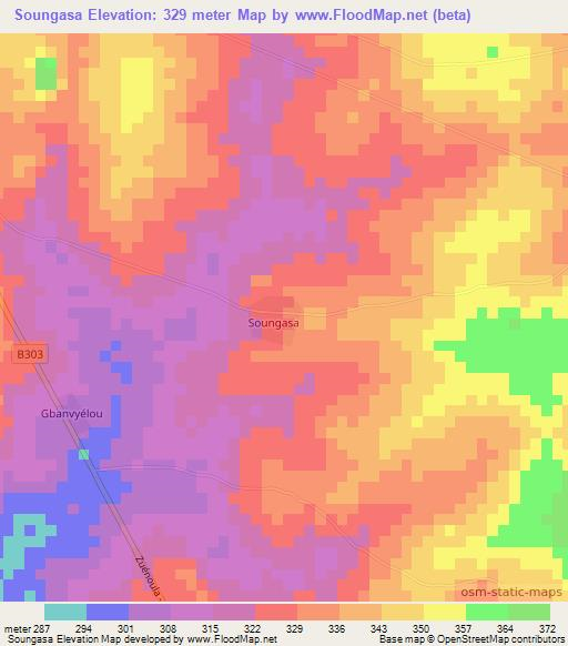 Soungasa,Ivory Coast Elevation Map