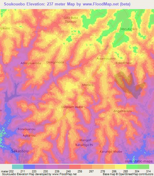 Soukouebo,Ivory Coast Elevation Map