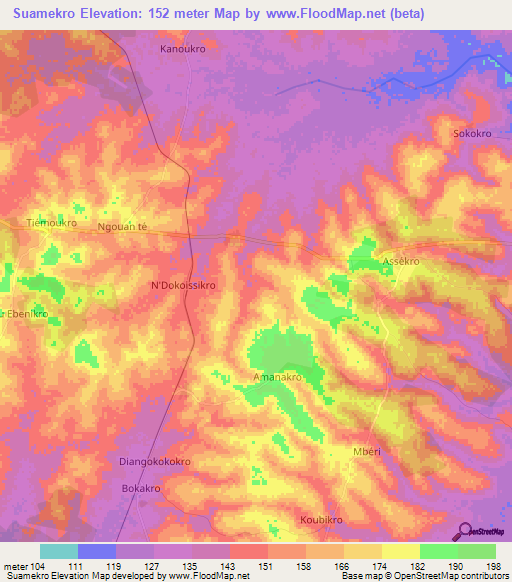 Suamekro,Ivory Coast Elevation Map
