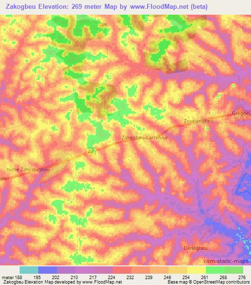 Zakogbeu,Ivory Coast Elevation Map