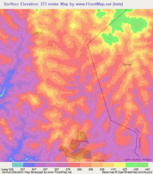 Sorifuro,Ivory Coast Elevation Map