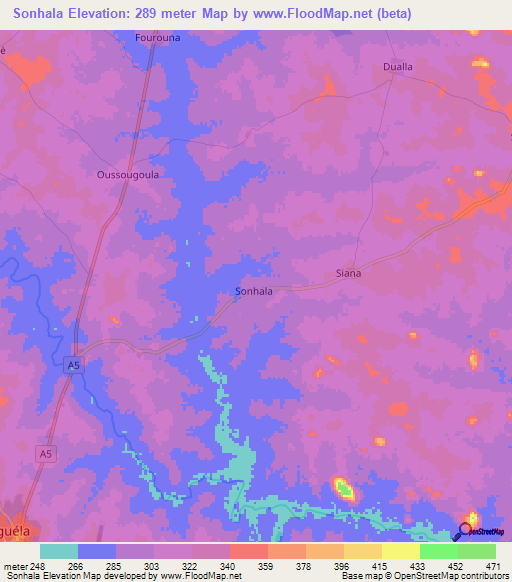 Sonhala,Ivory Coast Elevation Map