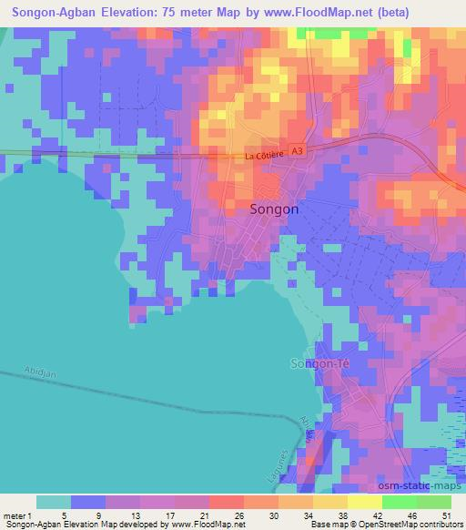 Songon-Agban,Ivory Coast Elevation Map