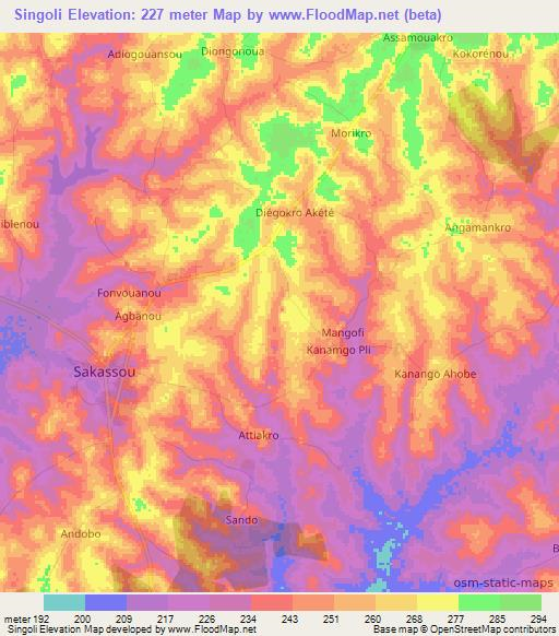 Singoli,Ivory Coast Elevation Map