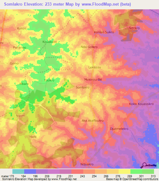 Somlakro,Ivory Coast Elevation Map