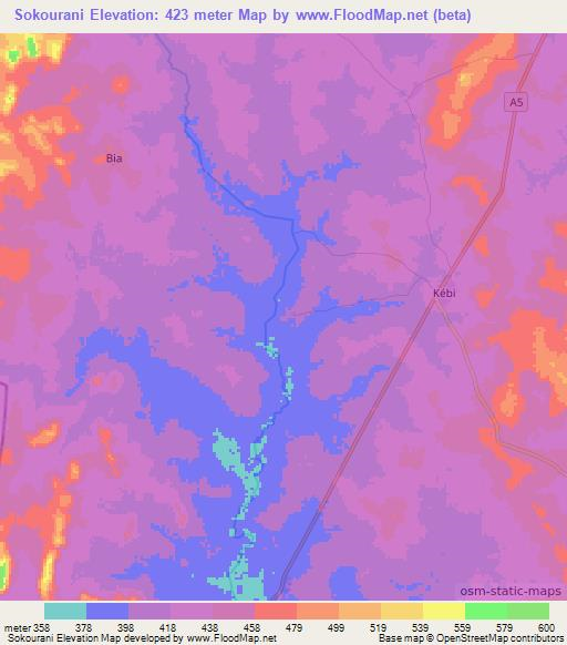 Sokourani,Ivory Coast Elevation Map
