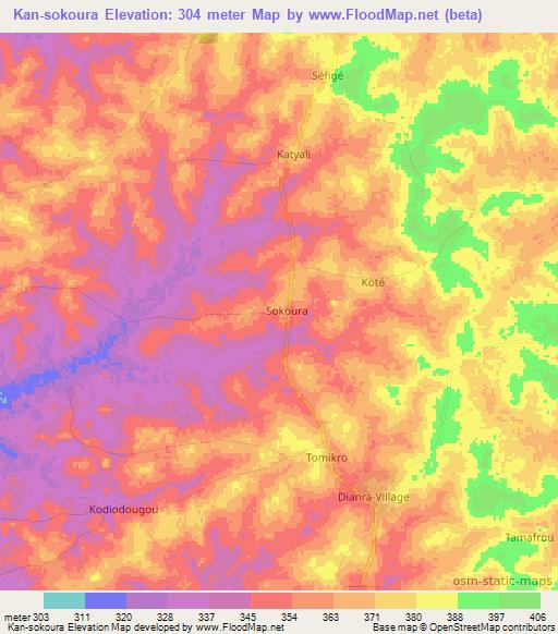 Kan-sokoura,Ivory Coast Elevation Map