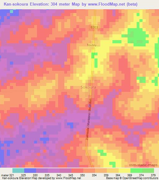 Kan-sokoura,Ivory Coast Elevation Map