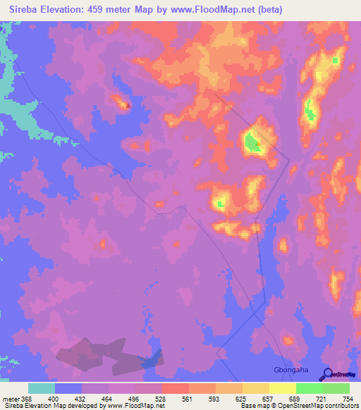 Sireba,Ivory Coast Elevation Map