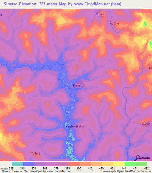 Sirasso,Ivory Coast Elevation Map