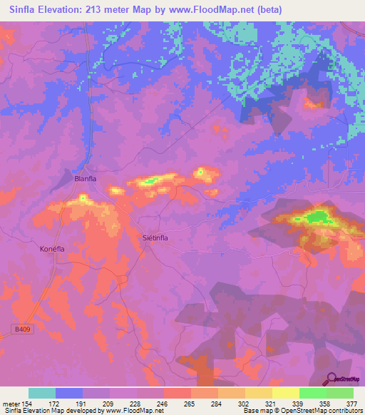 Sinfla,Ivory Coast Elevation Map