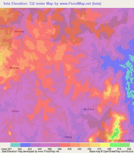Sela,Ivory Coast Elevation Map