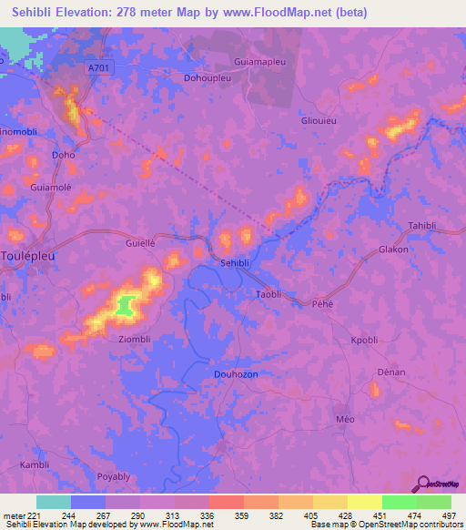 Sehibli,Ivory Coast Elevation Map