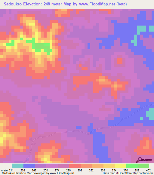 Sedoukro,Ivory Coast Elevation Map