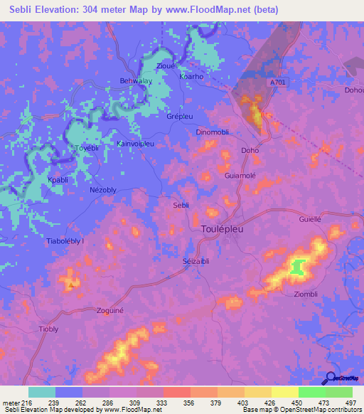 Sebli,Ivory Coast Elevation Map