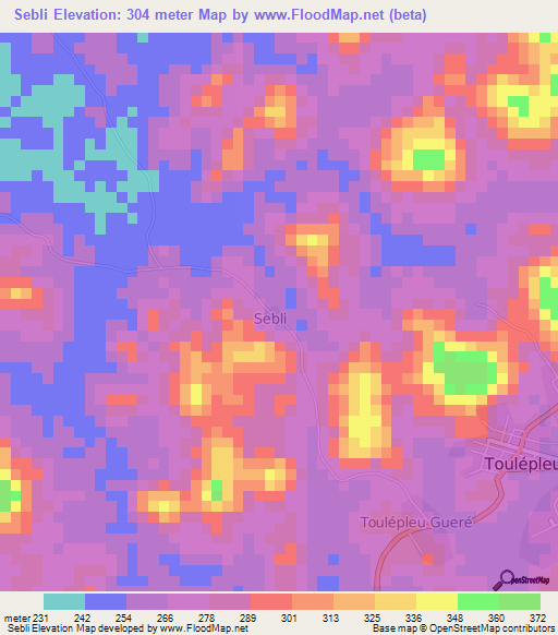 Sebli,Ivory Coast Elevation Map