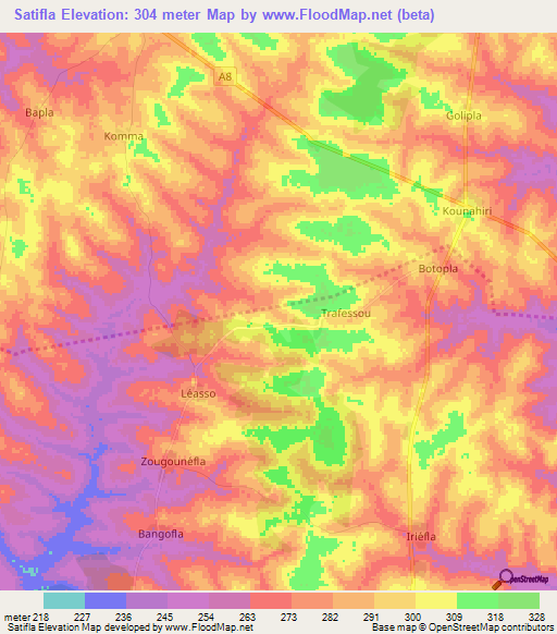 Satifla,Ivory Coast Elevation Map