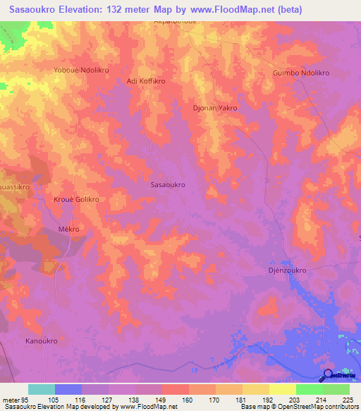 Sasaoukro,Ivory Coast Elevation Map