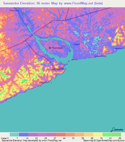 Sassandra,Ivory Coast Elevation Map